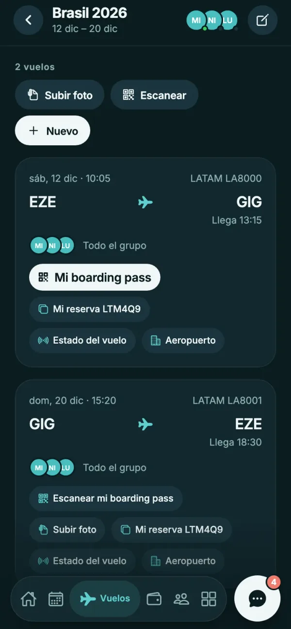 Vuelos del viaje con el boarding pass, la reserva y el acceso al aeropuerto